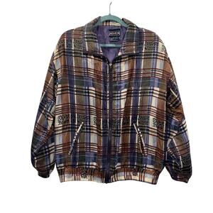 Vintage 80s 90s ABVIEN 100% Silk Bomber Jacket | Plaid + Animal Print | Medium